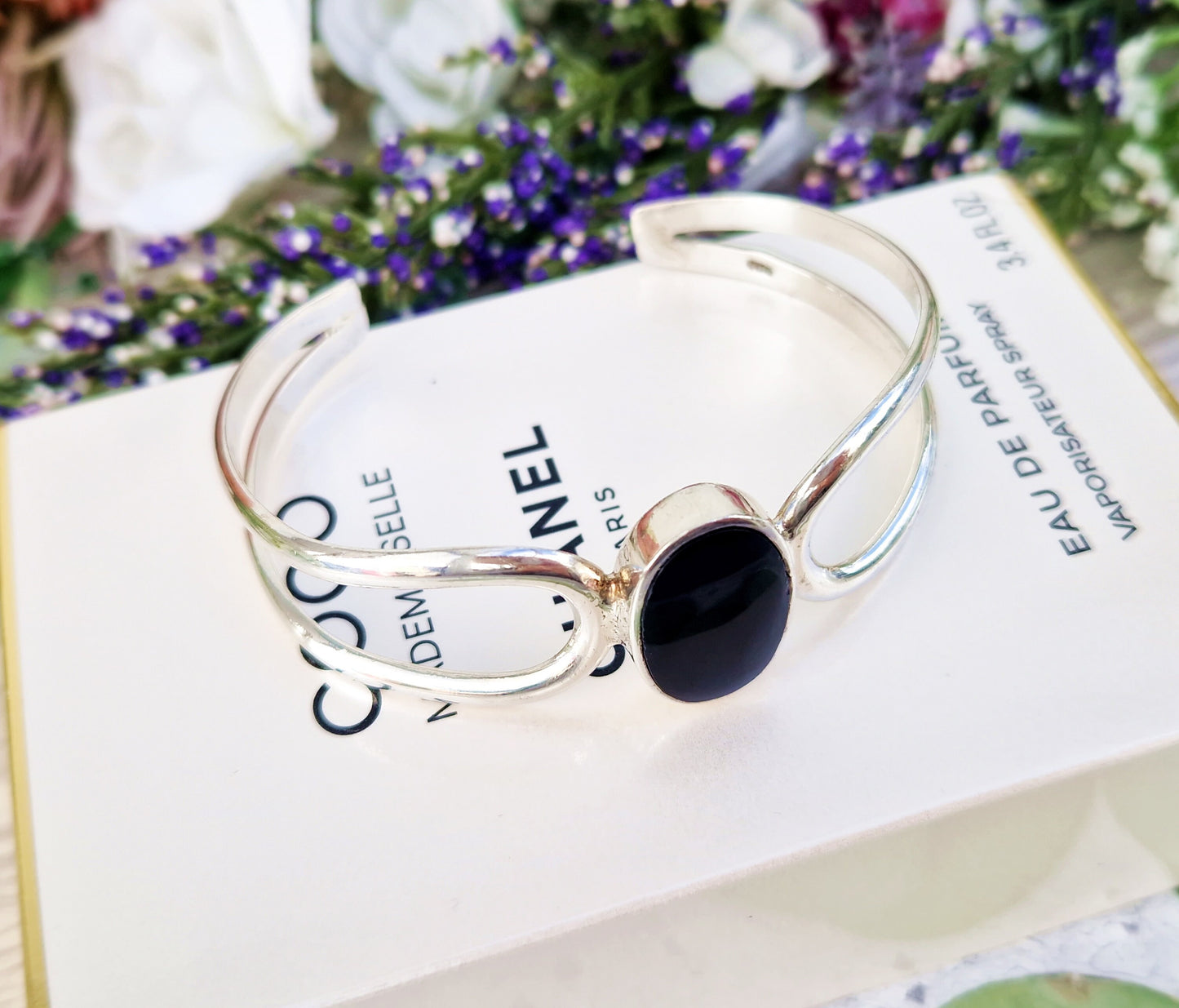 Vintage Sterling Silver Black Oval Statement Heavy Bangle Bracelet