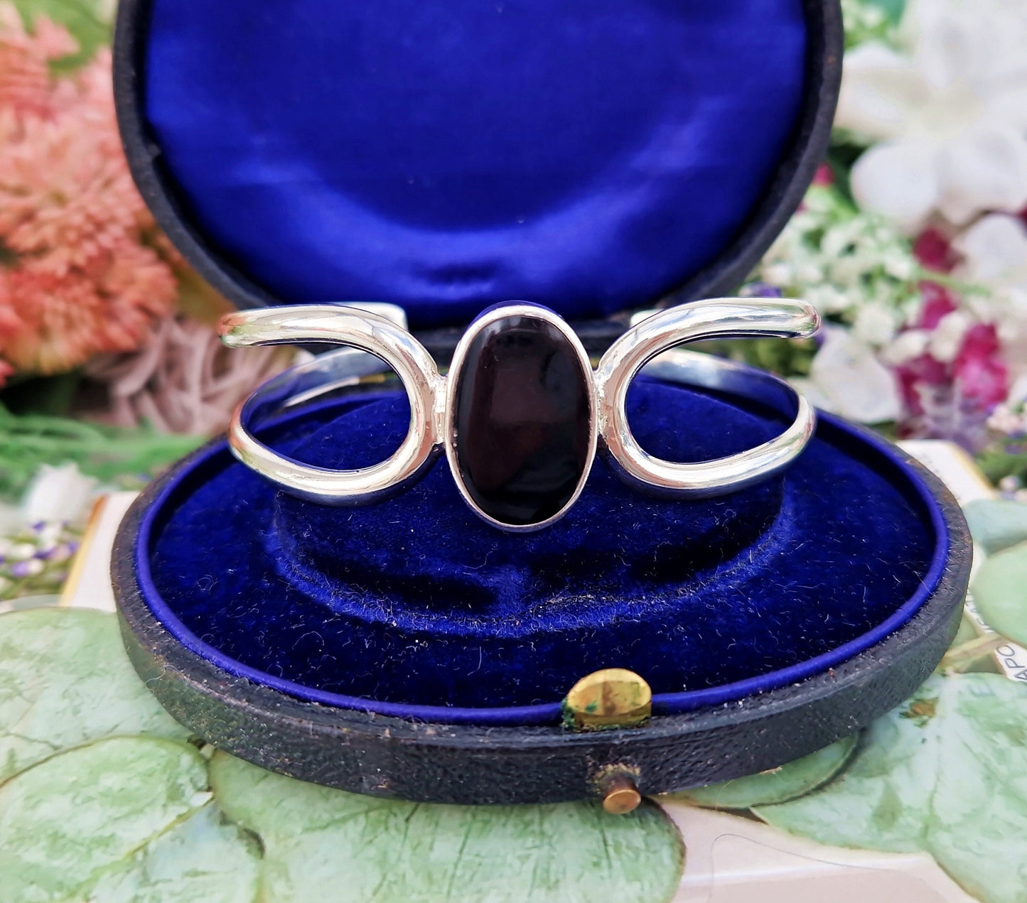 Vintage Sterling Silver Black Oval Statement Heavy Bangle Bracelet
