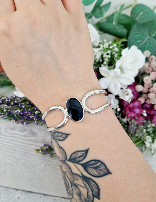 Vintage Sterling Silver Black Oval Statement Heavy Bangle Bracelet