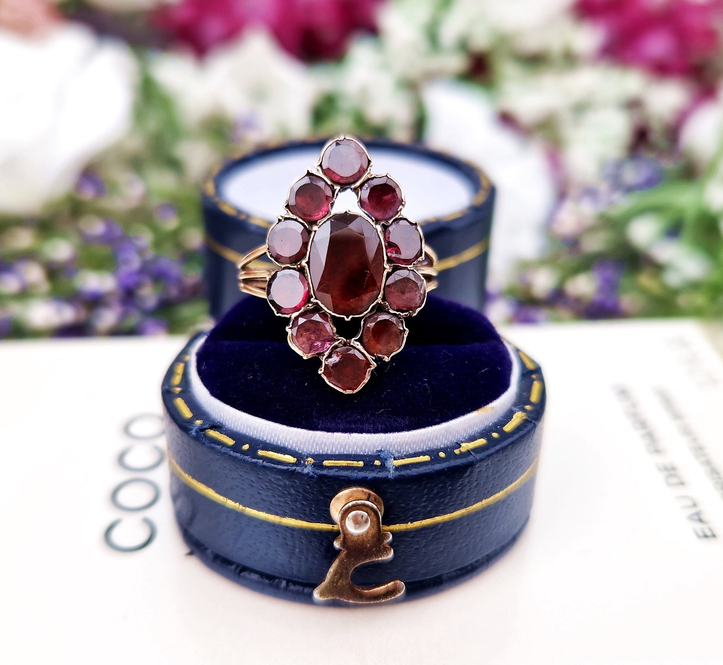 Antique Georgian 9ct Gold Foiled Flat Cut Garnet Navette Cluster Ring / Size J or 5