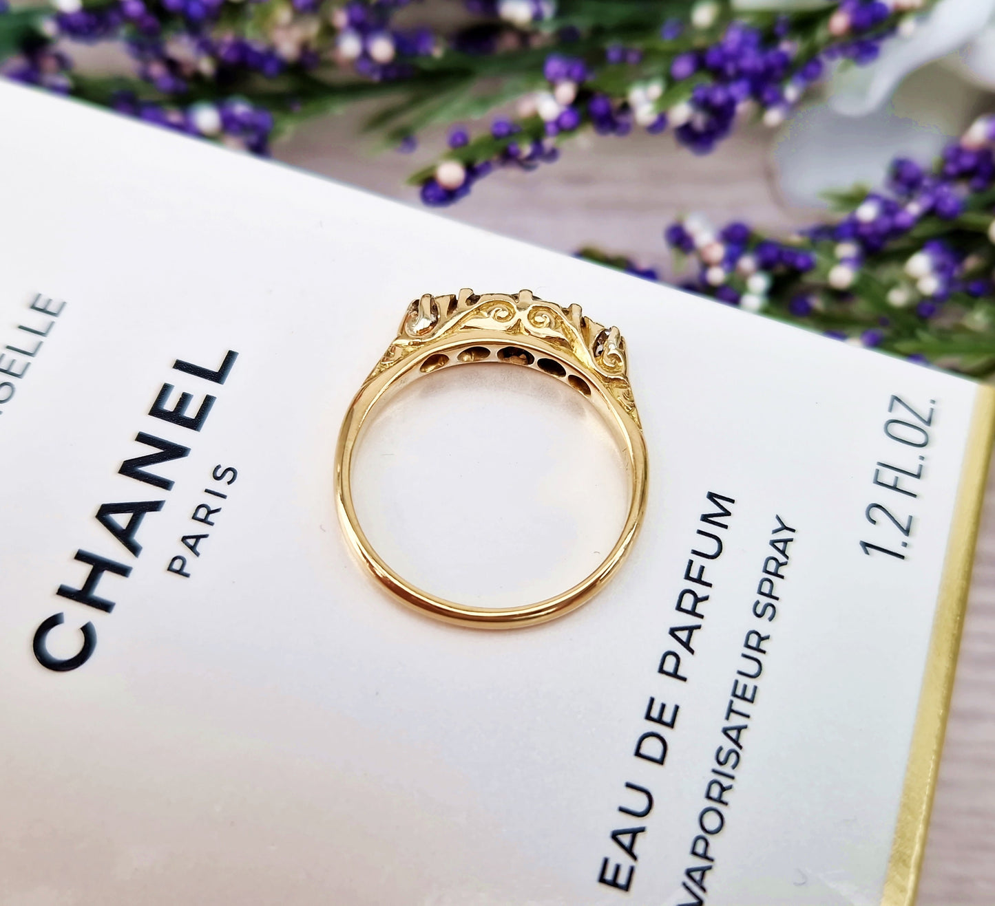 Antique Edwardian 18ct Yellow Gold Ornate 5 Stone 0.36cts Old Mine Cut Diamond Ring / Size N 1/2 or 7.25