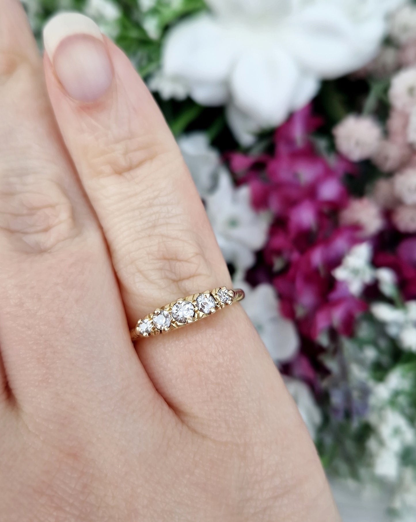Antique Edwardian 18ct Yellow Gold Ornate 5 Stone 0.36cts Old Mine Cut Diamond Ring / Size N 1/2 or 7.25