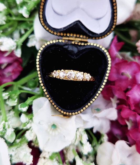 Antique Edwardian 18ct Yellow Gold Ornate 5 Stone 0.36cts Old Mine Cut Diamond Ring / Size N 1/2 or 7.25