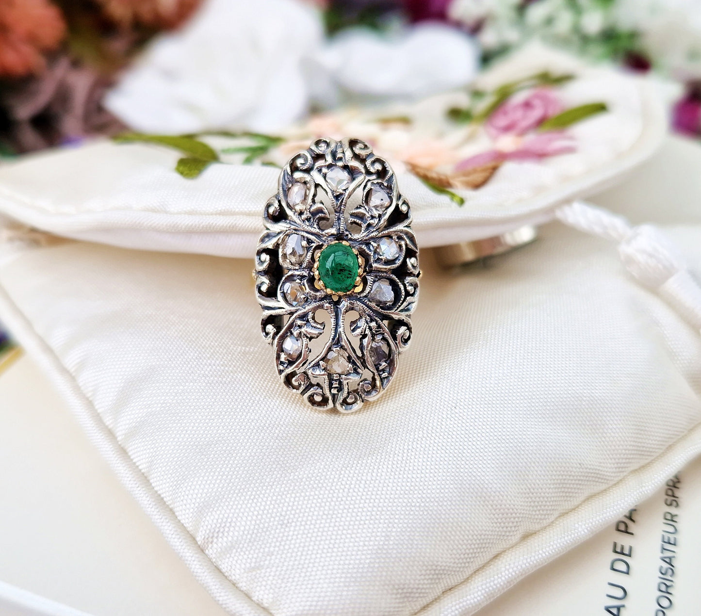 Antique Art Nouveau 18ct Gold Emerald and Rose Cut Diamond Statement Cluster Ring / Size N 1/2 or 7.25