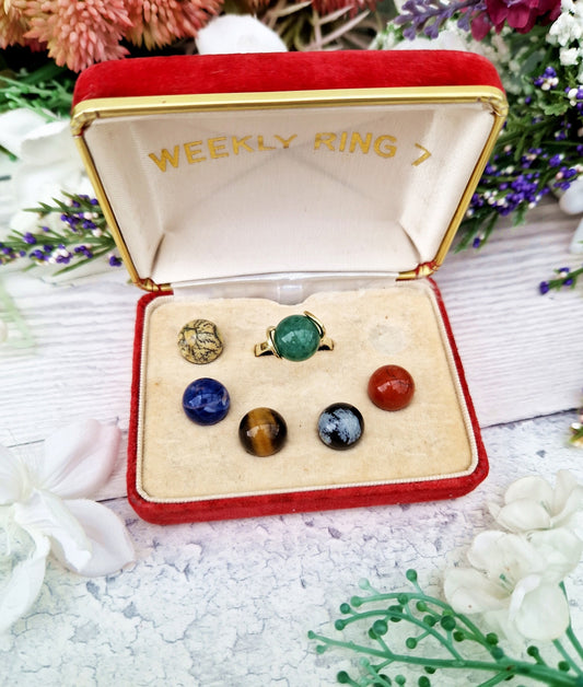 Vintage Rare 9ct Gold Interchangeable Weekly Gemstone Orb Ring in Original Box / Size N or 7