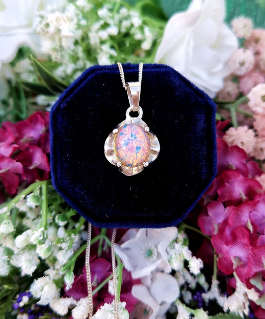 Vintage Sterling Silver Irridescent Pink Opal Glass Buttercup Pendant Necklace