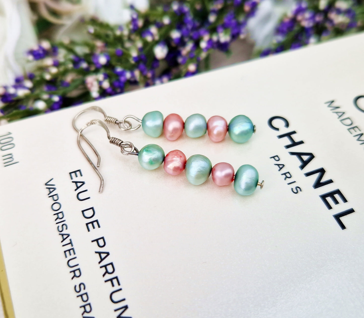 Vintage Sterling Silver Pastel Pink and Blue Pearl Hook Drop Earrings