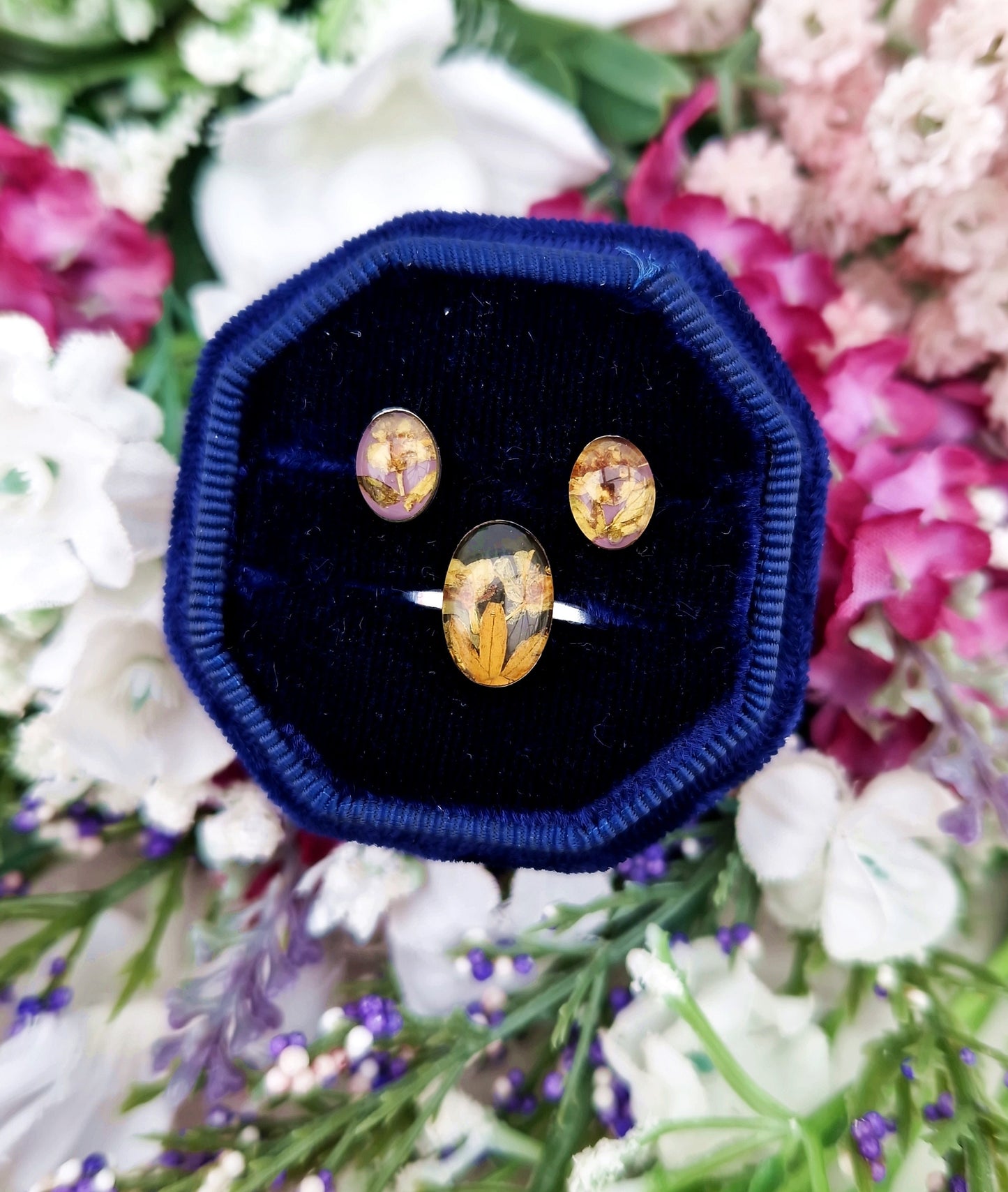 Vintage Silver Resin Flower Jewellery Set of Hook Earrings Stud Earrings and Matching Ring