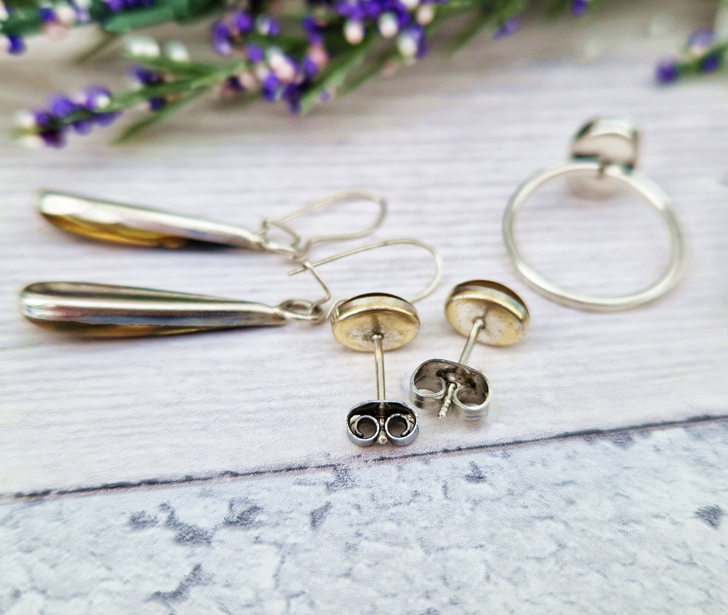 Vintage Silver Resin Flower Jewellery Set of Hook Earrings Stud Earrings and Matching Ring
