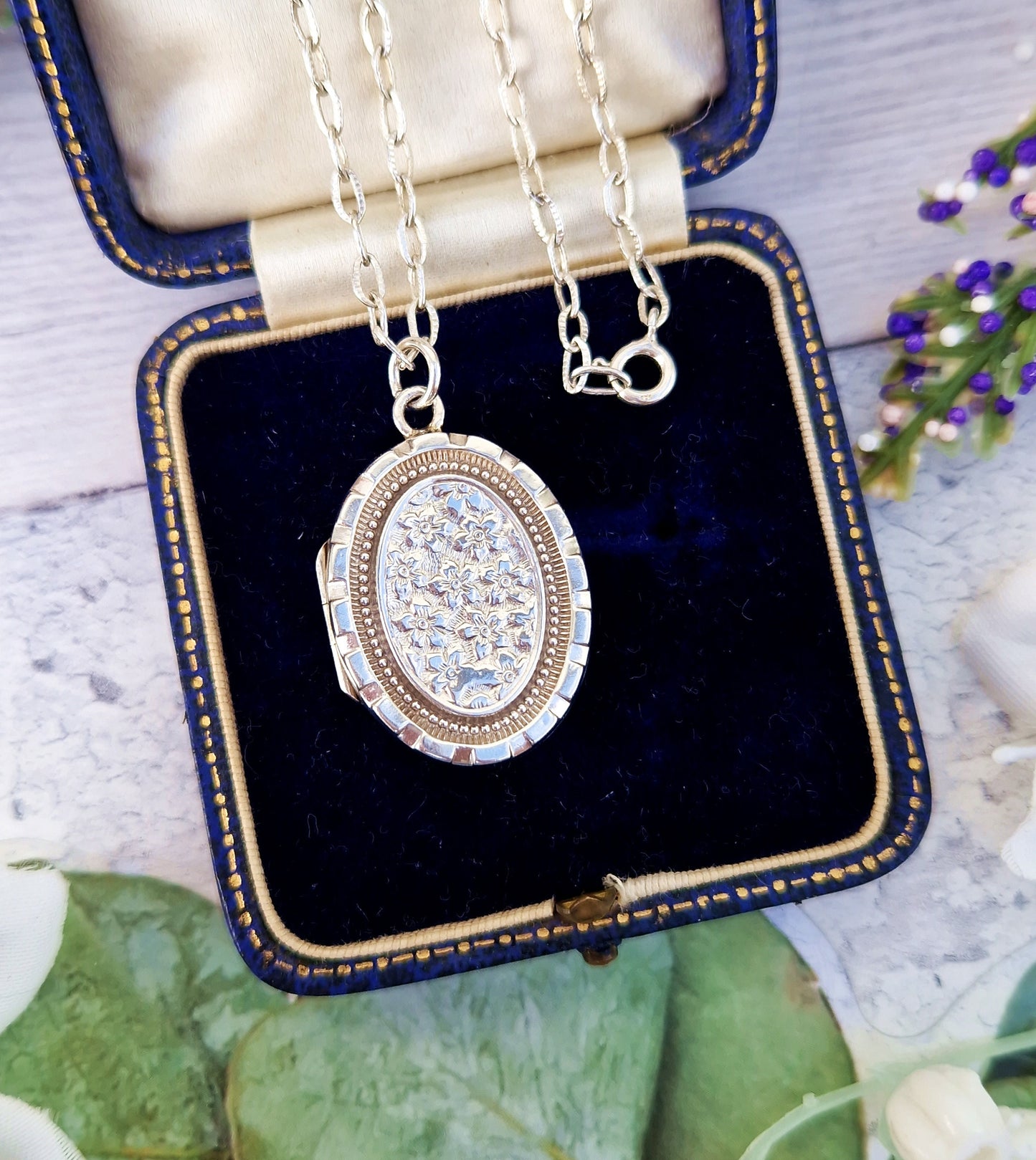 Antique 1892 Victorian Aesthetic Sterling Silver Oval Flower Engraved Locket Pendant Necklace
