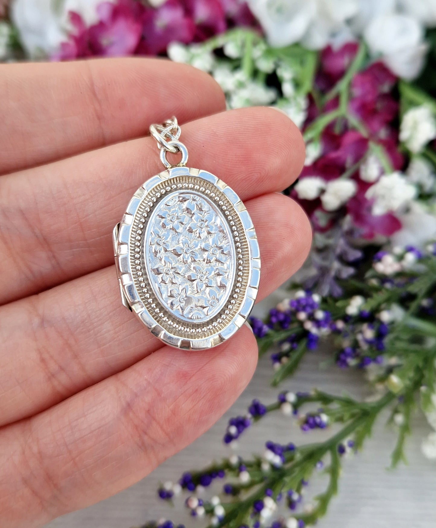 Antique 1892 Victorian Aesthetic Sterling Silver Oval Flower Engraved Locket Pendant Necklace