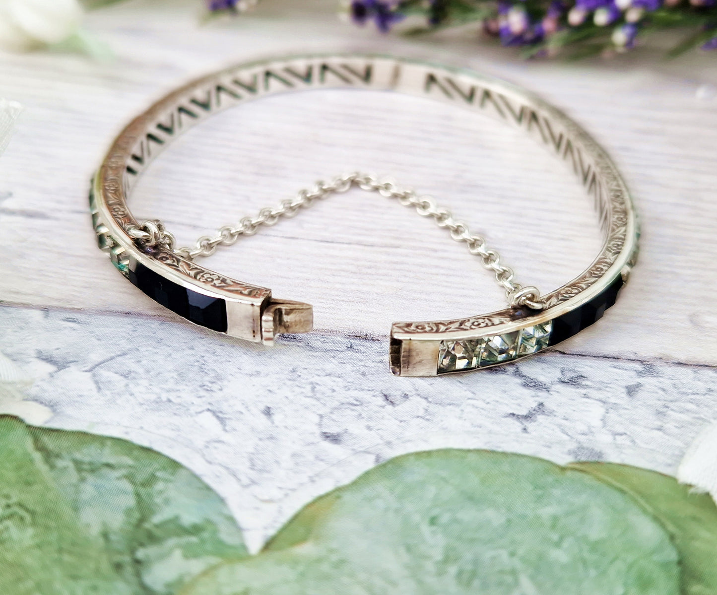 Vintage Art Deco Sterling Silver Black and White Monochrome Paste Glass Tennis Bangle Bracelet
