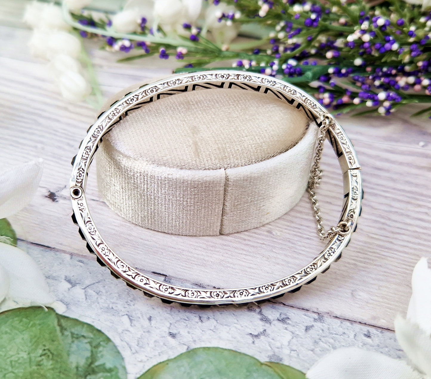 Vintage Art Deco Sterling Silver Black and White Monochrome Paste Glass Tennis Bangle Bracelet