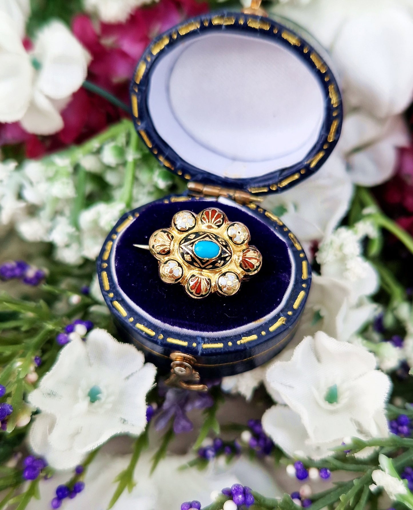 Antique Victorian 15ct Yellow Gold Miniature Ornate Enamel & Turquoise Button Brooch Pin