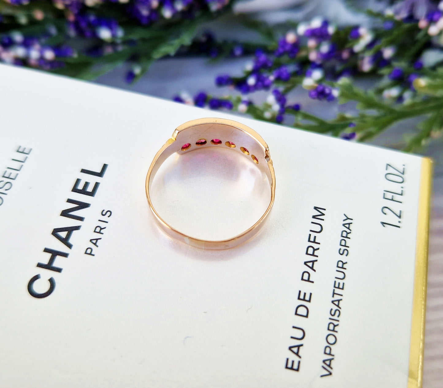 Antique 1897 Victorian 9ct Gold Ornate Pearl and Raspberry Pink Glass Double Band Cluster Ring / Size O or 7.5