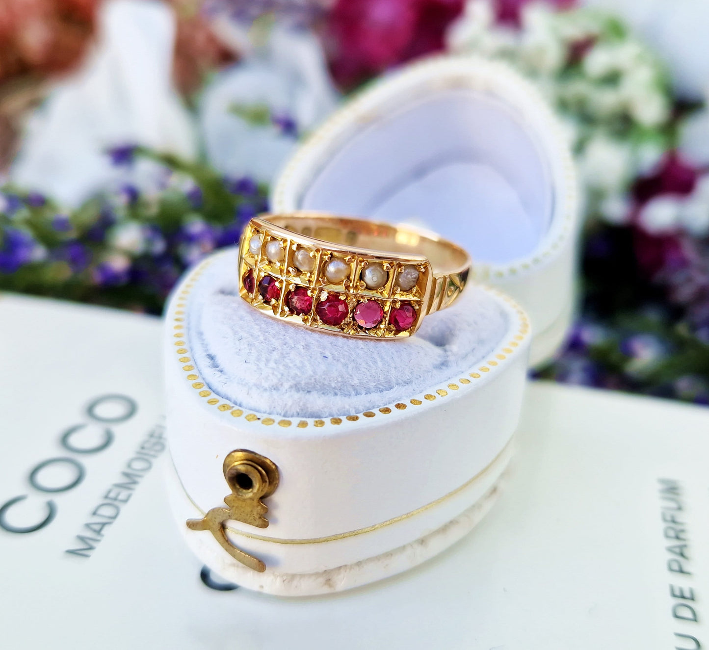 Antique 1897 Victorian 9ct Gold Ornate Pearl and Raspberry Pink Glass Double Band Cluster Ring / Size O or 7.5