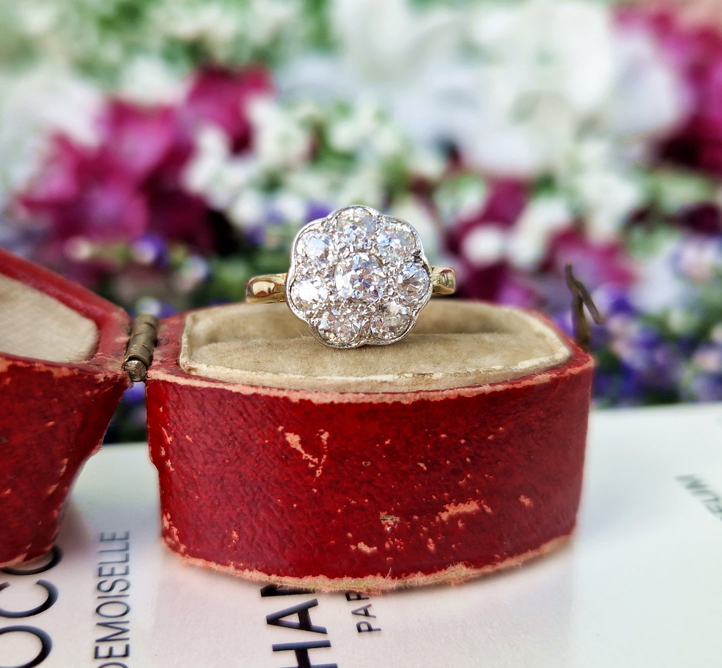 Antique Art Deco 18ct Gold 0.73cts Diamond Daisy Cluster Engagement Ring / Size F 1/2 or 3