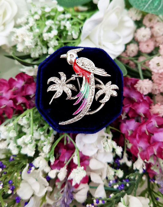 Vintage Silver Marcasite and Enamel Bird of Paradise Statement Brooch