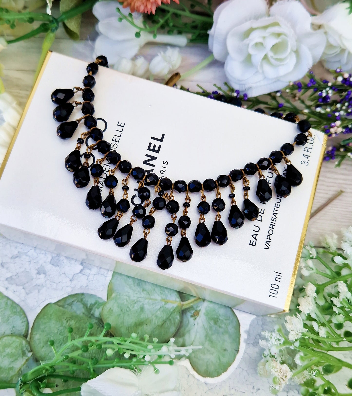 Vintage Jet Black Czech Glass Statement Fringed Collar Choker Necklace