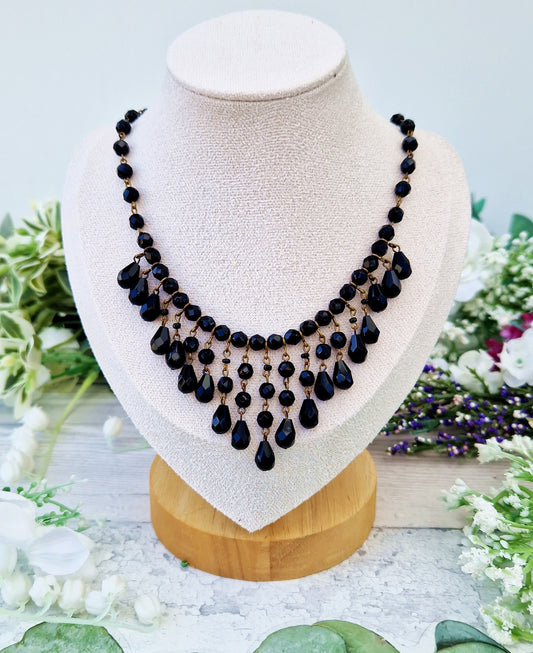 Vintage Jet Black Czech Glass Statement Fringed Collar Choker Necklace