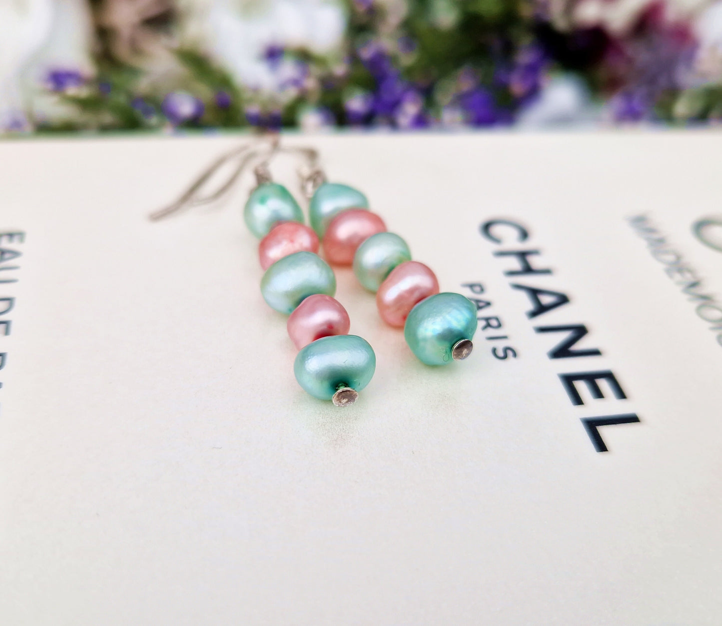 Vintage Sterling Silver Pastel Pink and Blue Pearl Hook Drop Earrings