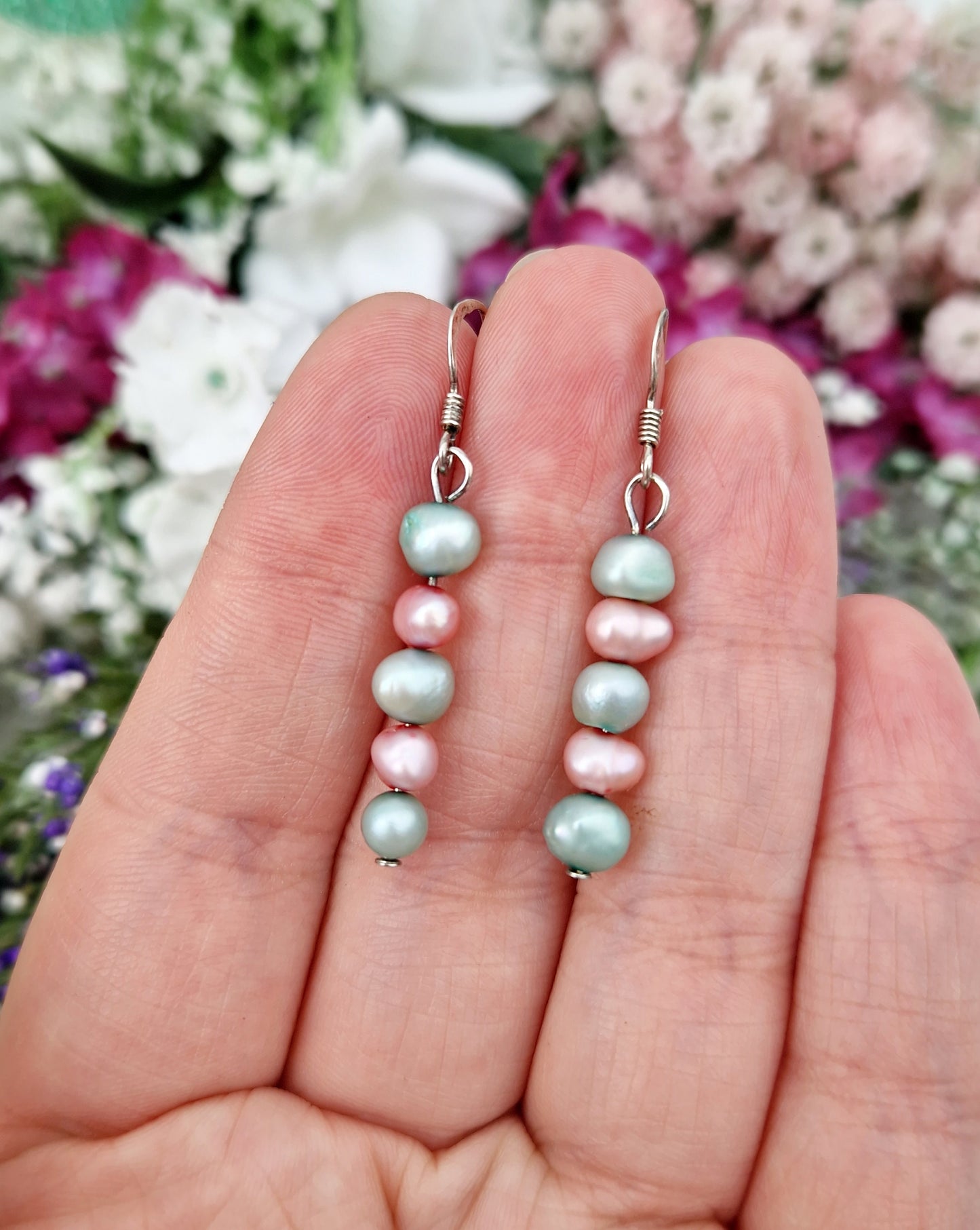 Vintage Sterling Silver Pastel Pink and Blue Pearl Hook Drop Earrings