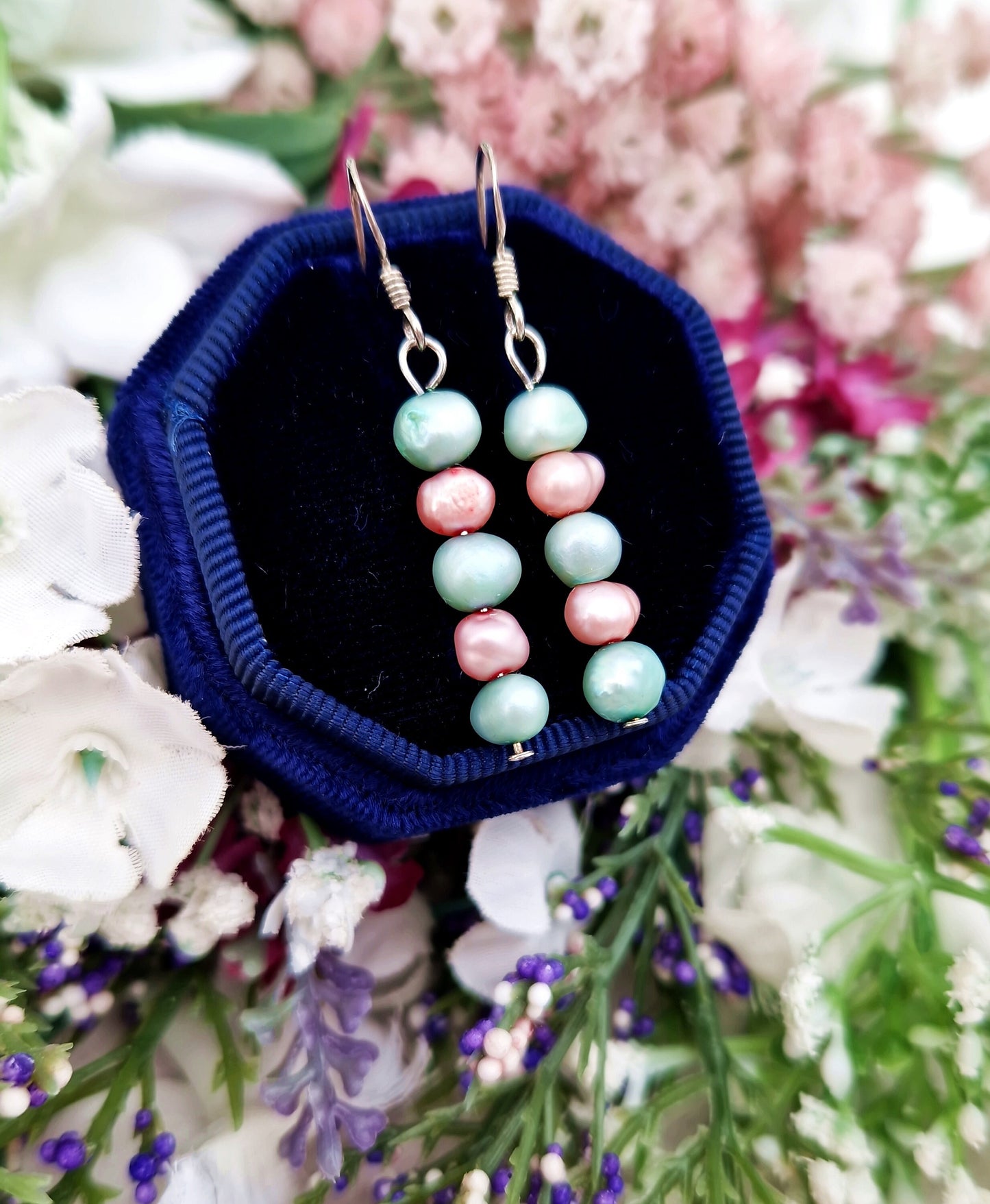 Vintage Sterling Silver Pastel Pink and Blue Pearl Hook Drop Earrings
