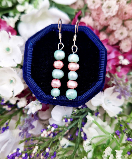 Vintage Sterling Silver Pastel Pink and Blue Pearl Hook Drop Earrings