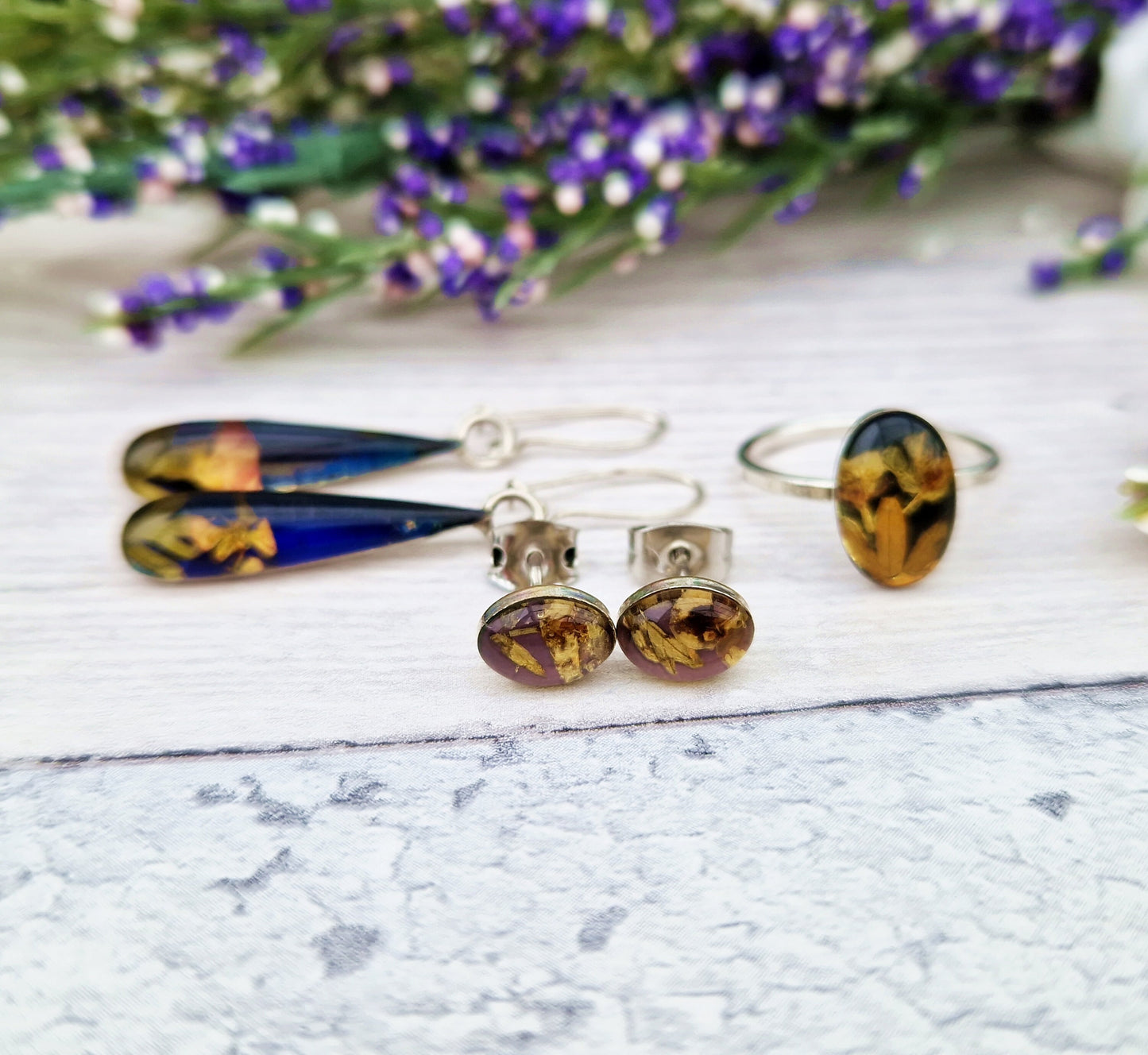 Vintage Silver Resin Flower Jewellery Set of Hook Earrings Stud Earrings and Matching Ring