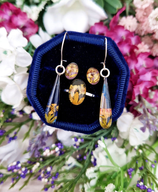 Vintage Silver Resin Flower Jewellery Set of Hook Earrings Stud Earrings and Matching Ring