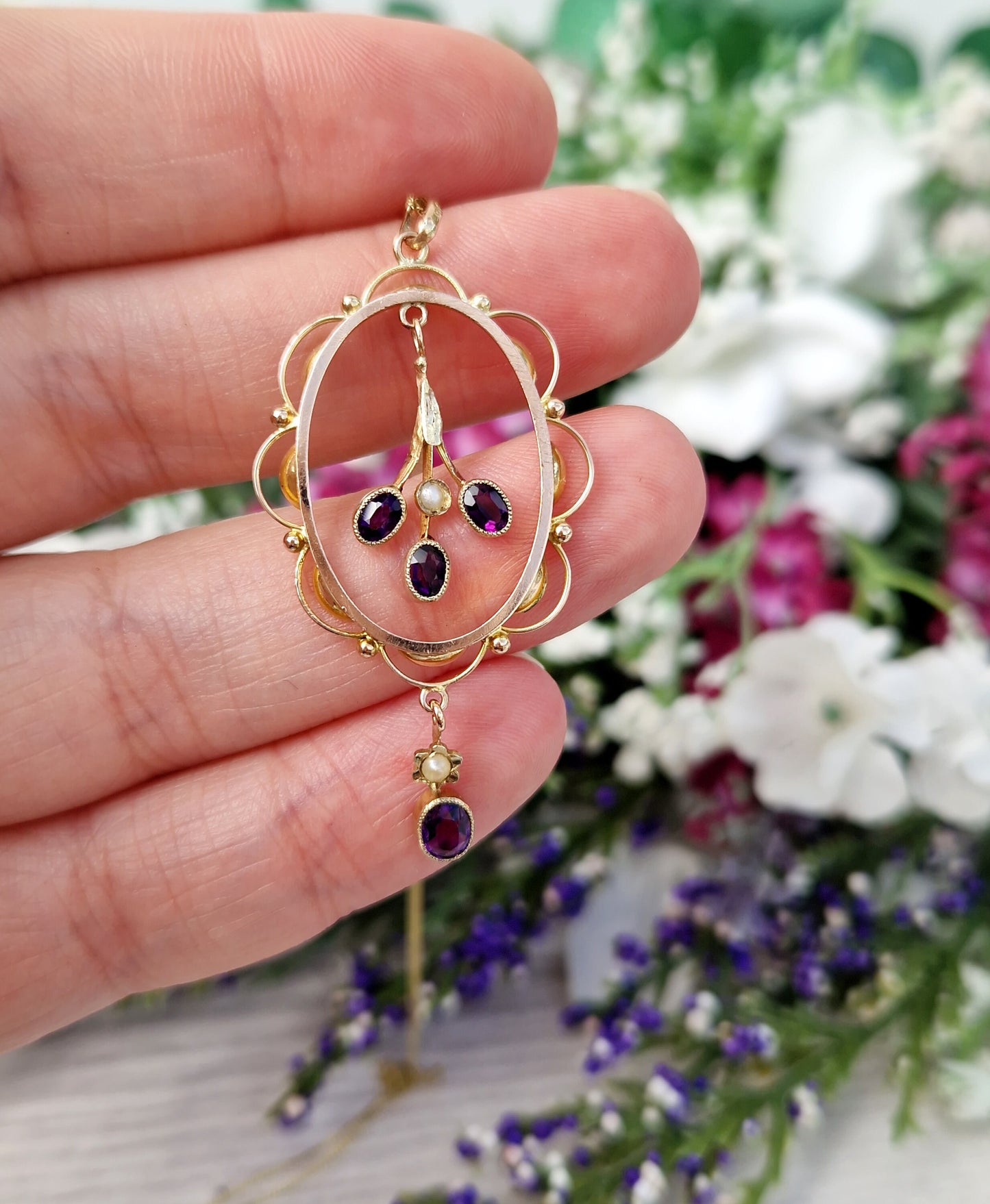Antique Edwardian 9ct Gold Amethyst and Pearl Delicate Framed Lavalier Pendant Necklace