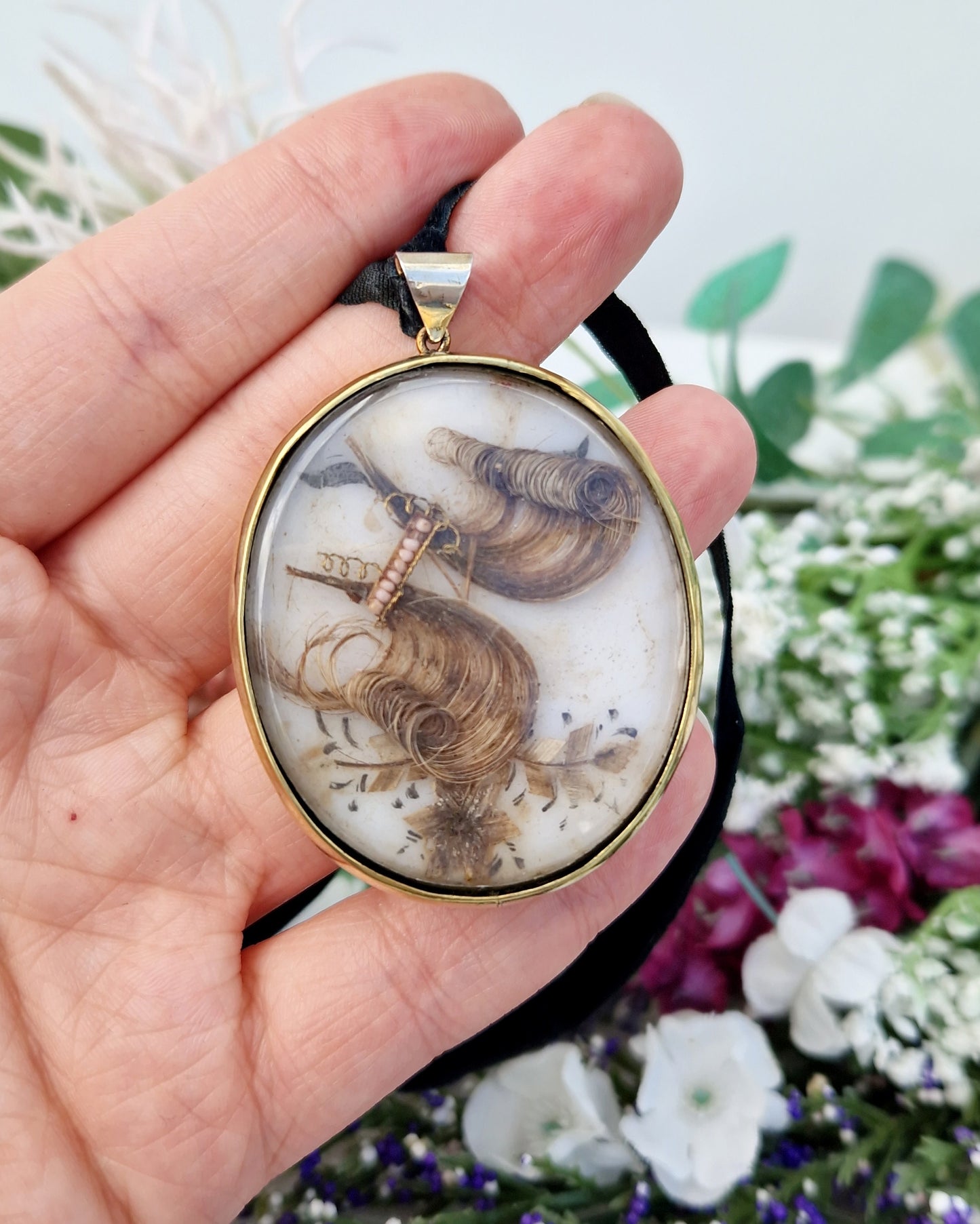 Antique Victorian Large Oval Glass Hair and Lace Statement Mourning Locket Pendant