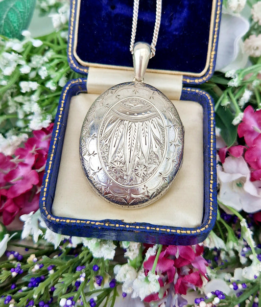 Antique Victorian Aesthetic Etruscan Style Sterling Silver Large Ornate Engraved Decorative Locket Pendant