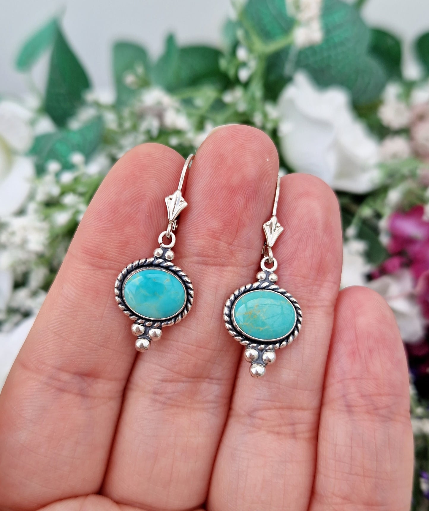 Vintage Sterling Silver Quoc Turquoise Hook Drop Dangle Earrings