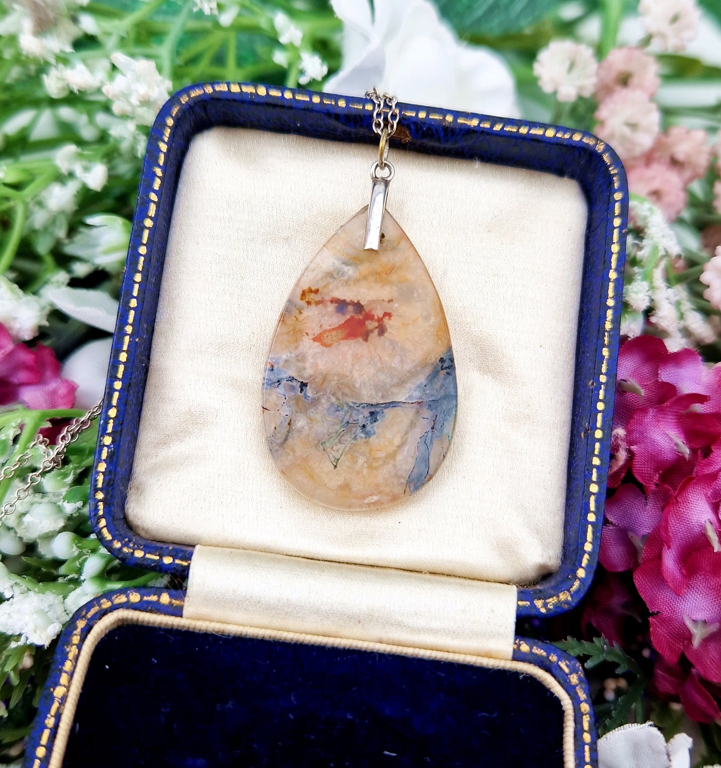 Vintage Sterling Silver Large Natural Moss Agate Teardrop Slice Pendant Necklace