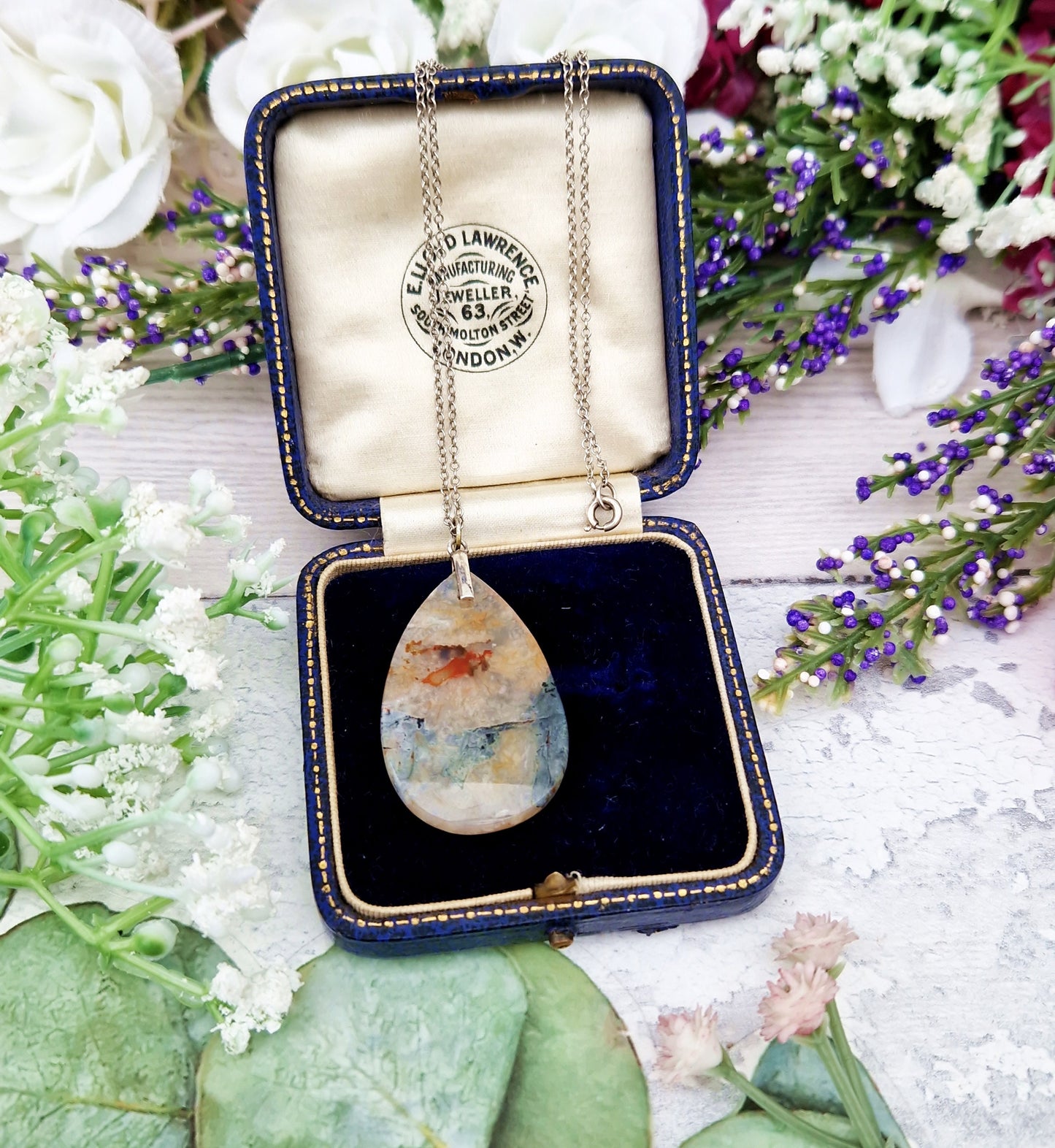 Vintage Sterling Silver Large Natural Moss Agate Teardrop Slice Pendant Necklace