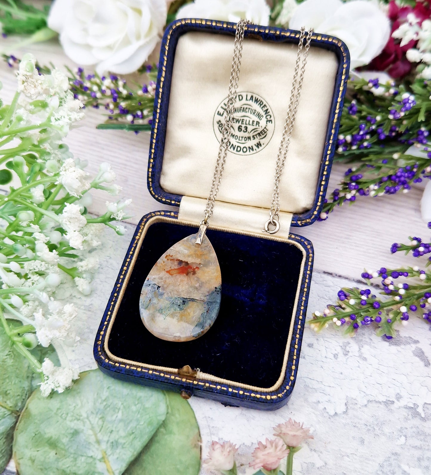 Vintage Sterling Silver Large Natural Moss Agate Teardrop Slice Pendant Necklace