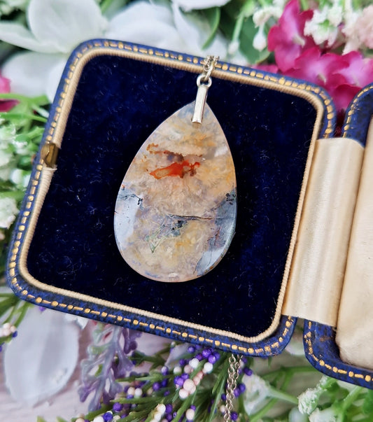 Vintage Sterling Silver Large Natural Moss Agate Teardrop Slice Pendant Necklace