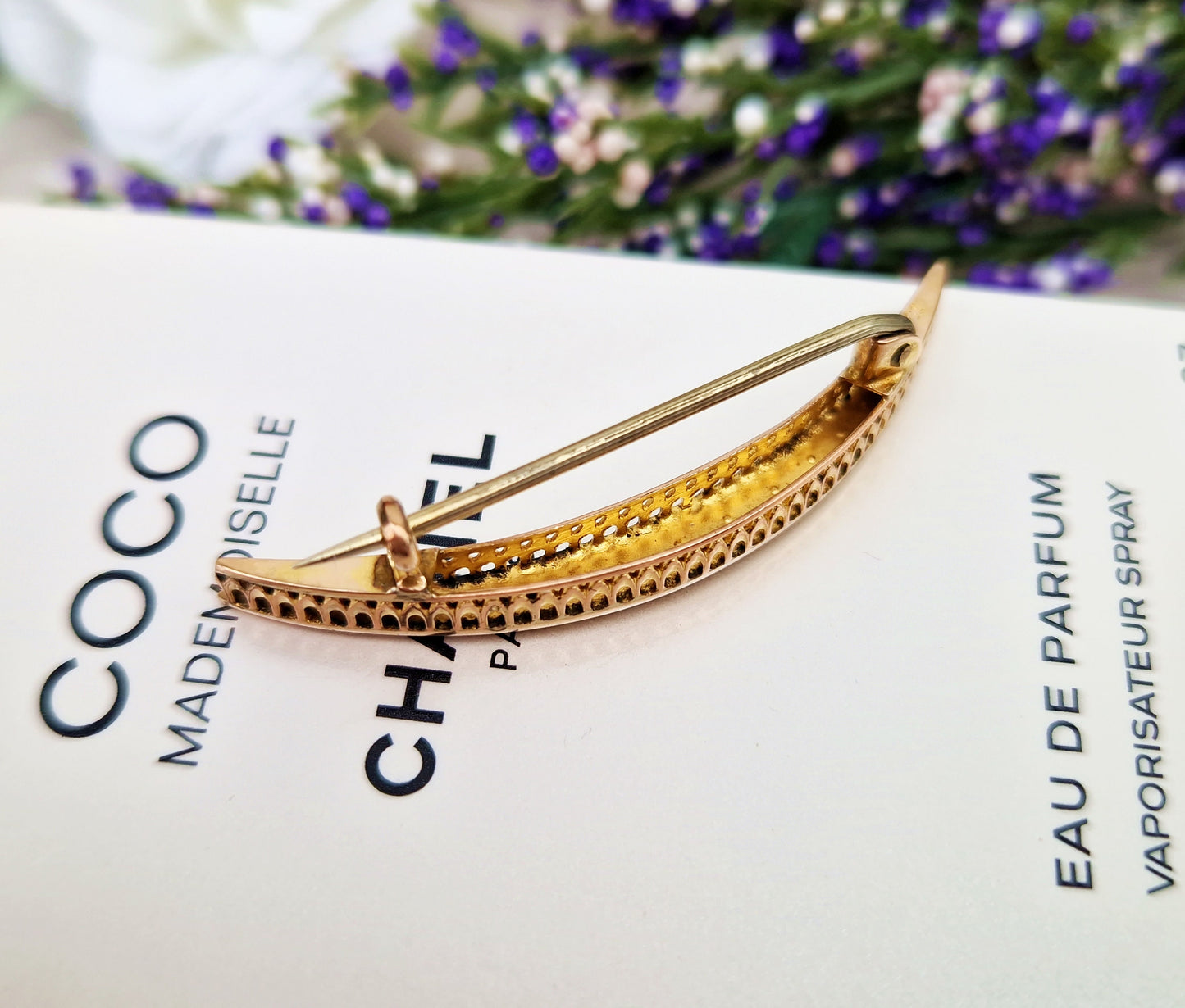 Antique Edwardian 9ct Yellow Gold White Seed Pearl Crescent Moon Brooch Pin