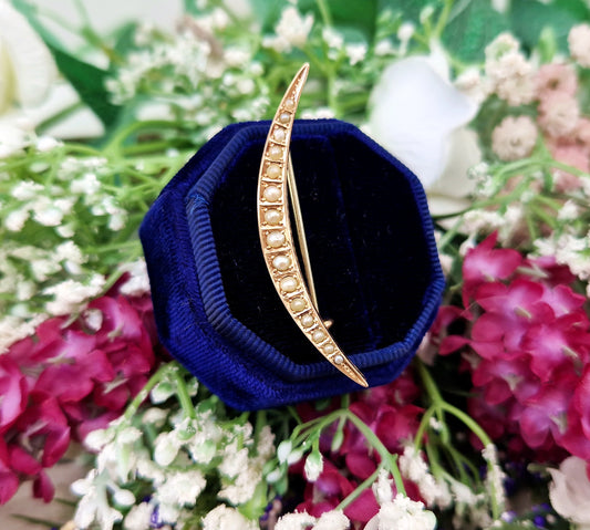 Antique Edwardian 9ct Yellow Gold White Seed Pearl Crescent Moon Brooch Pin