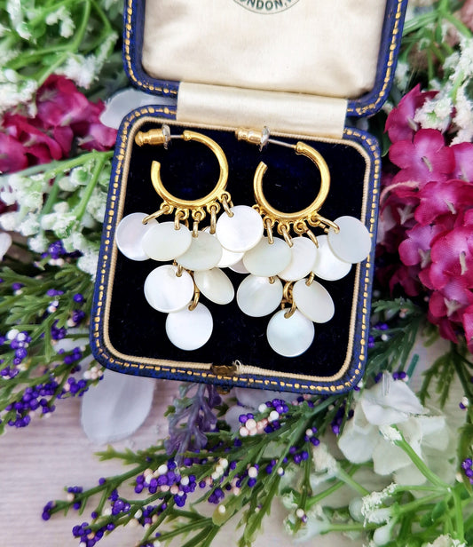 Vintage Gold Tone Hoop Stud Style Mother of Pearl Disc Fringe Drop Earrings