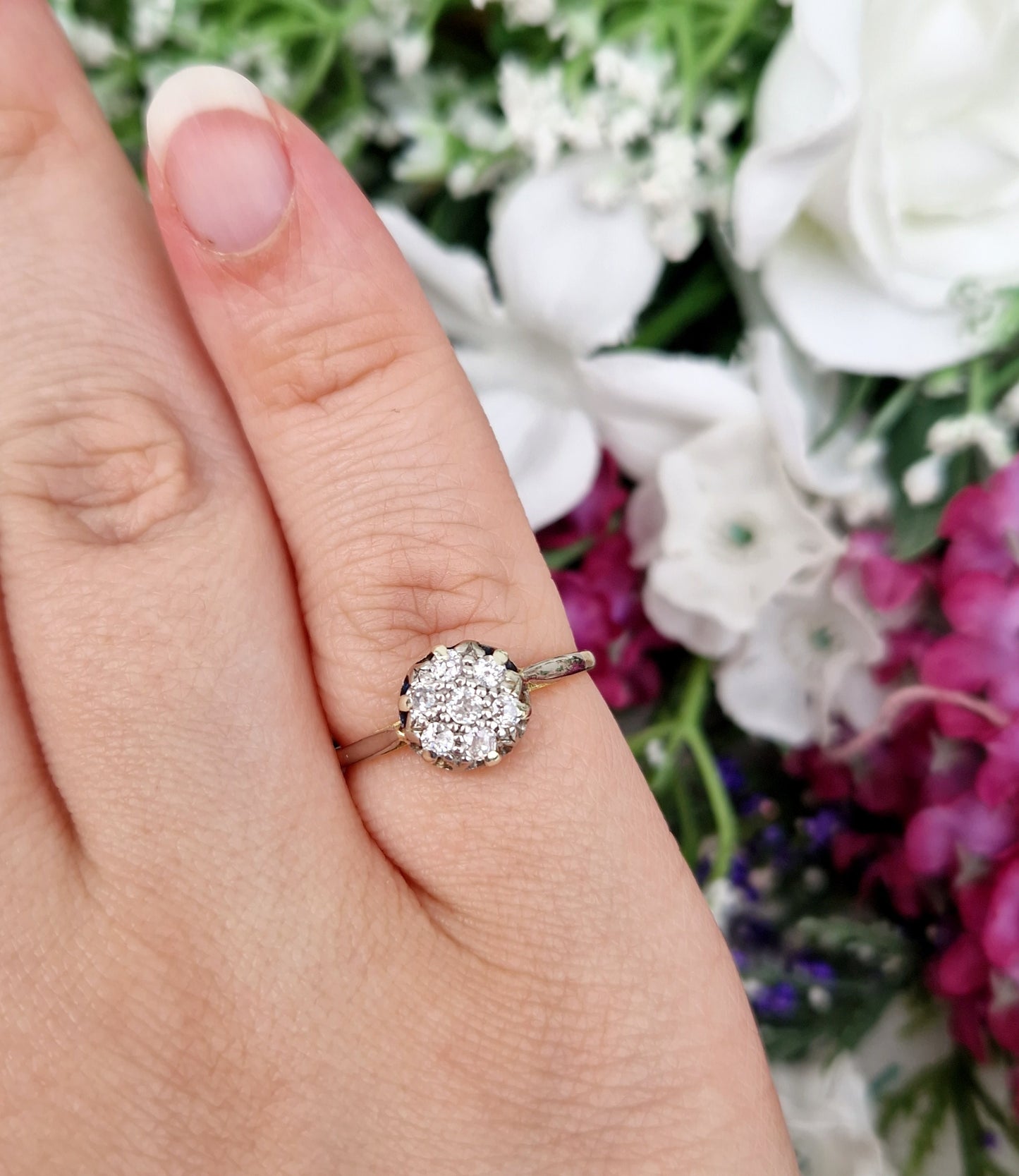 Antique Edwardian 18ct Gold and Platinum Natural Diamond Cluster Engagement Ring 0.30cts / Size P 1/2 or 8.25