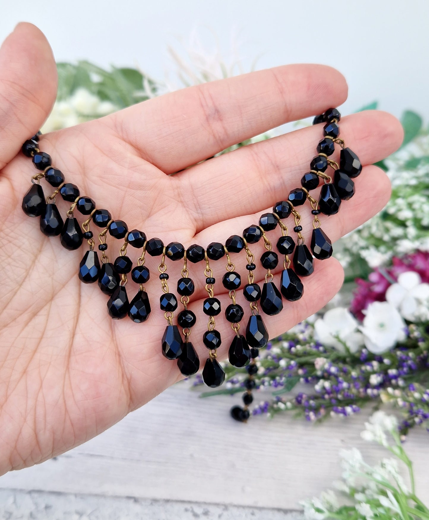 Vintage Jet Black Czech Glass Statement Fringed Collar Choker Necklace