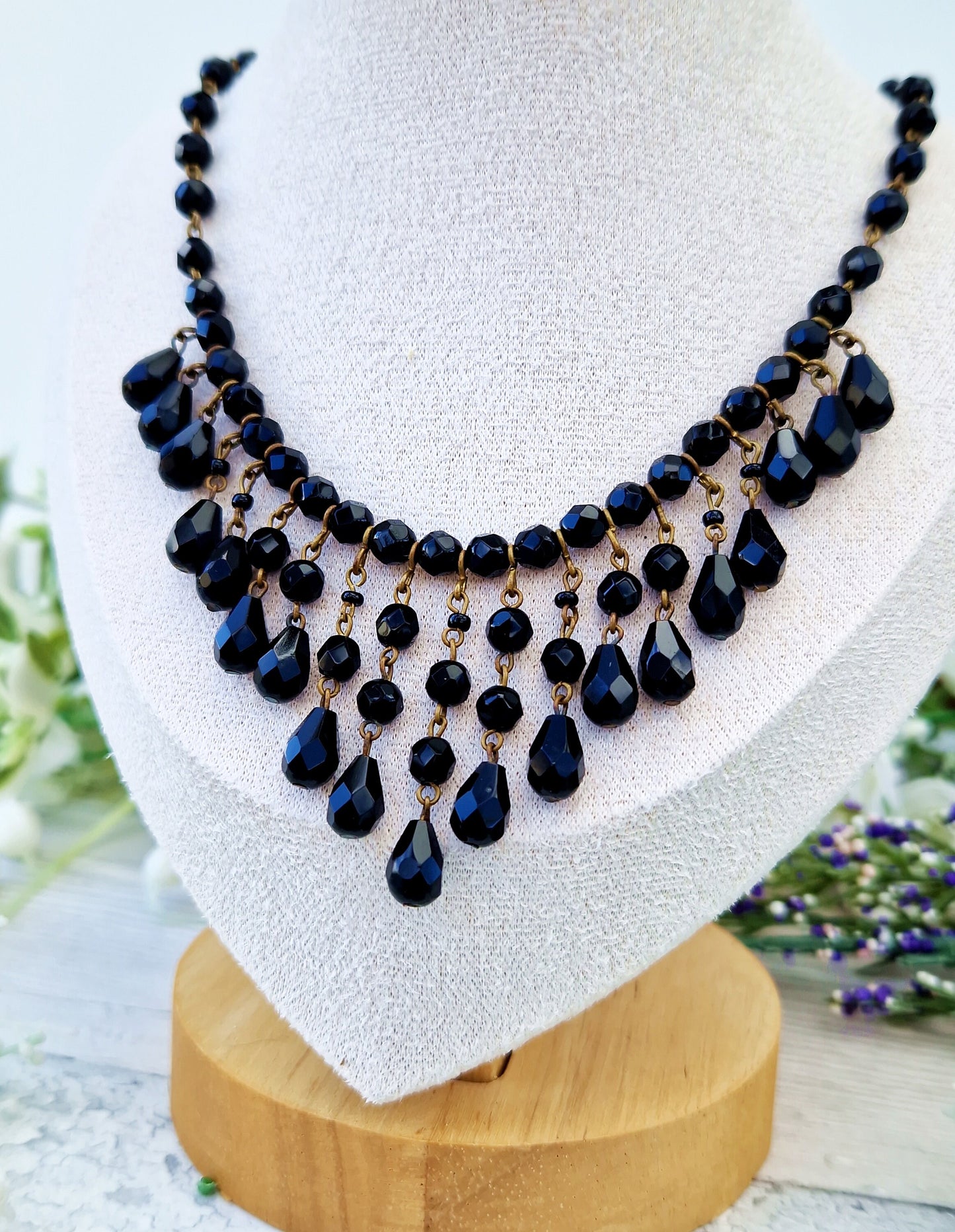 Vintage Jet Black Czech Glass Statement Fringed Collar Choker Necklace
