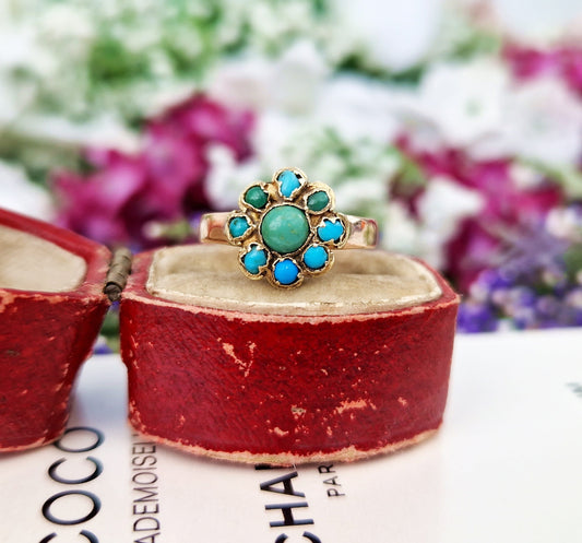 Antique Victorian 9ct Gold Ornate Turquoise Cabochon Daisy Cluster Ring / Size K or 5.5
