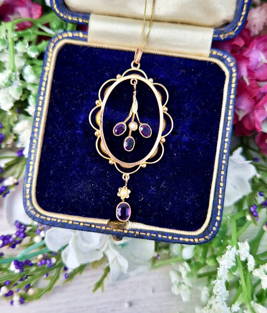 Antique Edwardian 9ct Gold Amethyst and Pearl Delicate Framed Lavalier Pendant Necklace