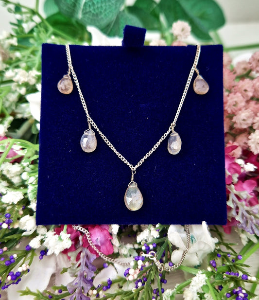 Vintage Art Deco Style Sterling Silver Labradorite Gemstone Droplet Fringe Necklace