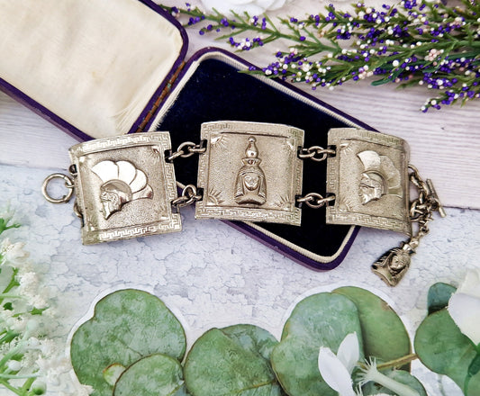 Vintage Silver Tone Art Deco Style Wide Panel Tribal Statement Bracelet