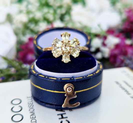Vintage 10ct Yellow Gold Light Green Chrysoberyl and White Zircon Flower Cluster Ring / Size S or 9.5