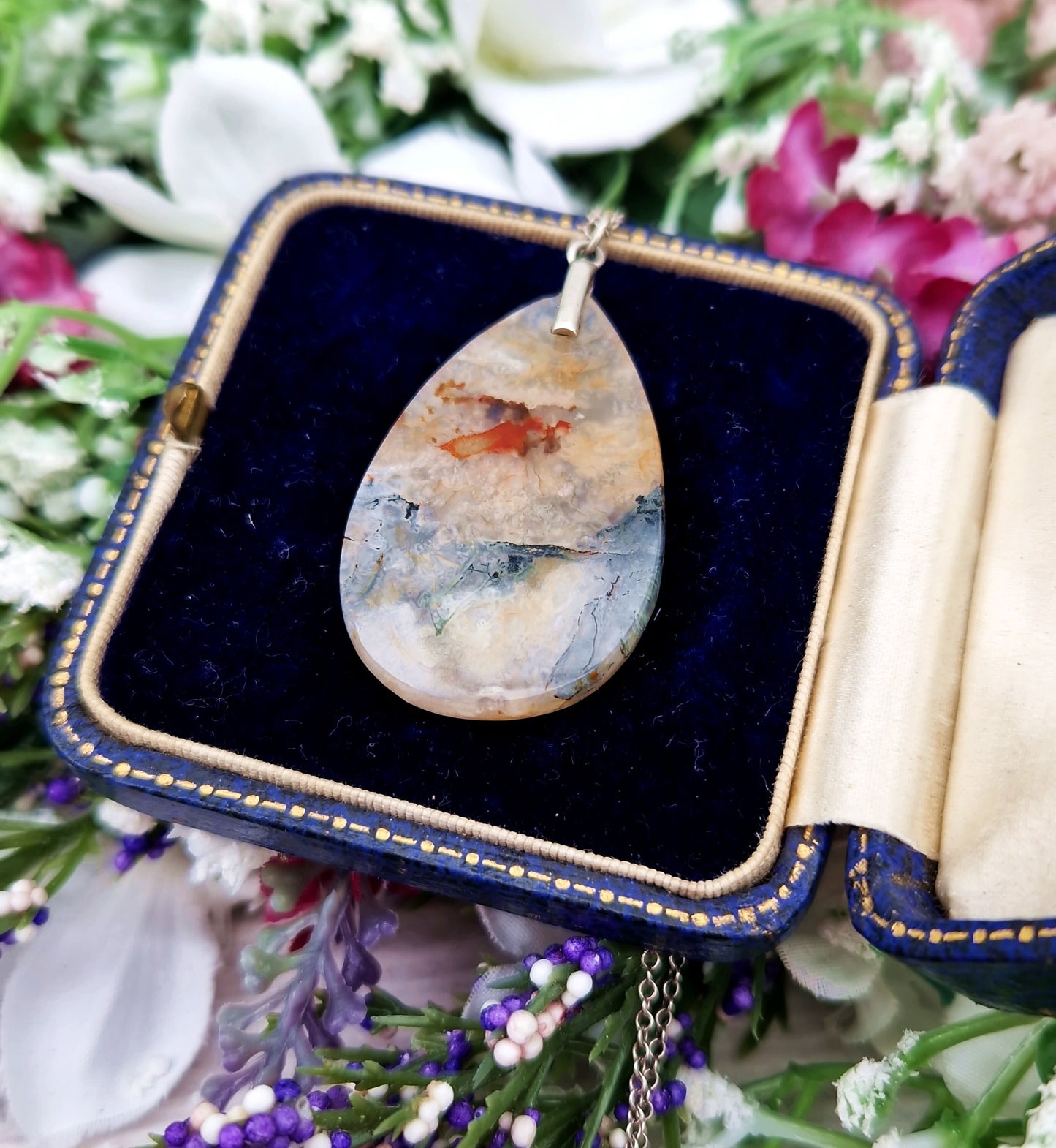 Vintage Sterling Silver Large Natural Moss Agate Teardrop Slice Pendant Necklace